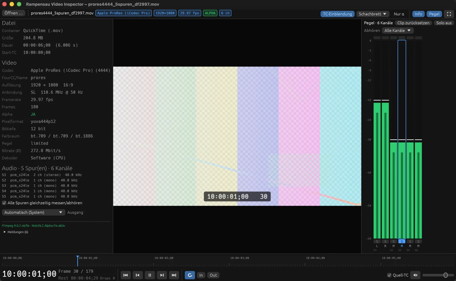 Video Inspector mit technischen Daten links, Bild mit Alpha über Schachbrett in der Mitte und Pegeln für sechs Kanäle rechts