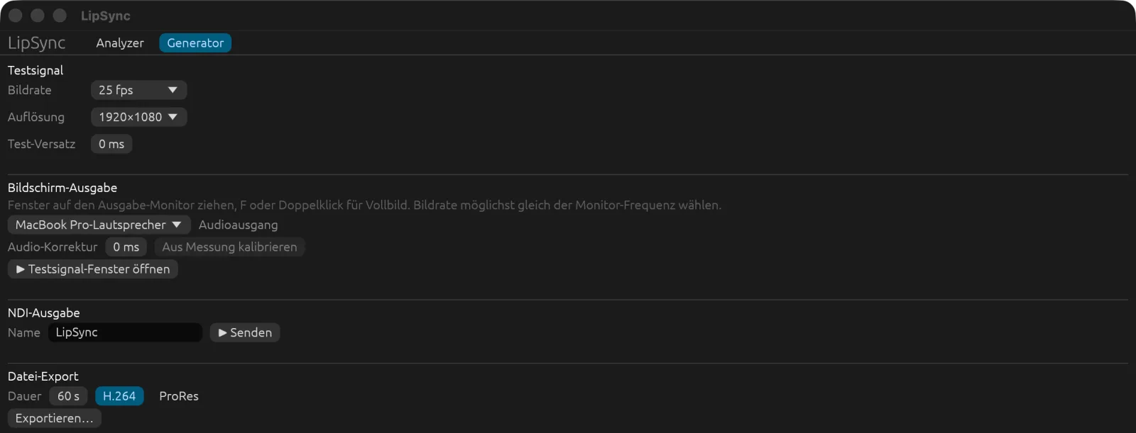 Generator mit Bildrate, Auflösung, Bildschirm-Ausgabe mit Audioausgang und Audio-Korrektur, NDI-Ausgabe und Datei-Export